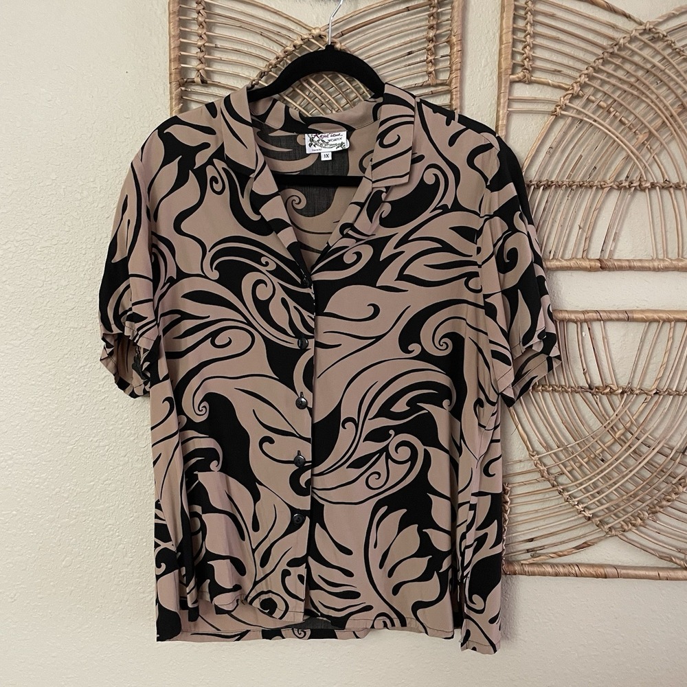 Vintage Kaua'iana Hawaiian Aloha Shirt Blouse Floral Black Brown Sz 1X READ B17
